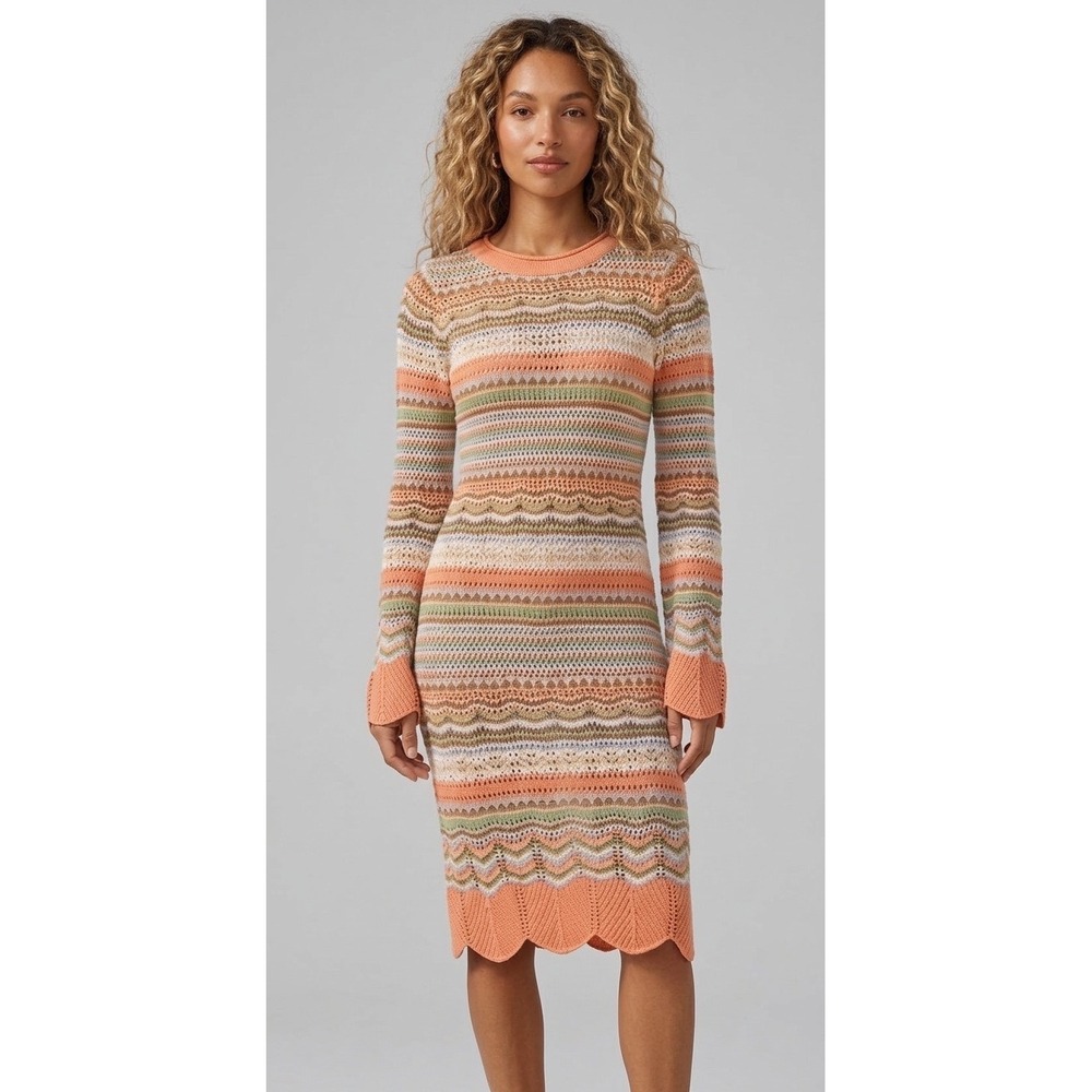 Sadie & Sage Crochet Midi Dress Multi Color Stripe Long Sleeve Scallop Hem M NEW